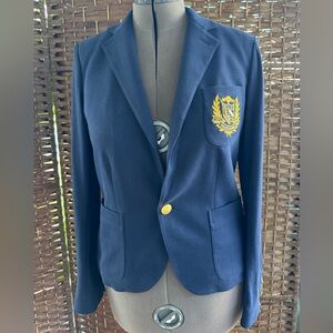 Ralph Lauren Navy Blue Knit Logo Embroidered Pocket Blazer